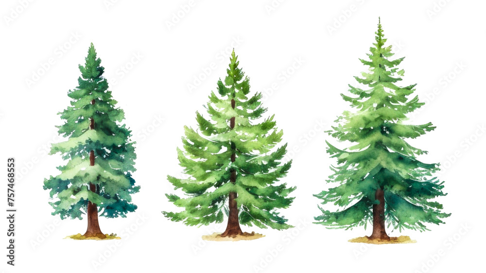 Watercolor Set Of Green Trees Isolated On White. Simple flat forest flora, Different coniferous tree