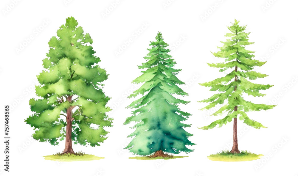 Watercolor Set Of Green Trees Isolated On White. Simple flat forest flora, Different coniferous tree