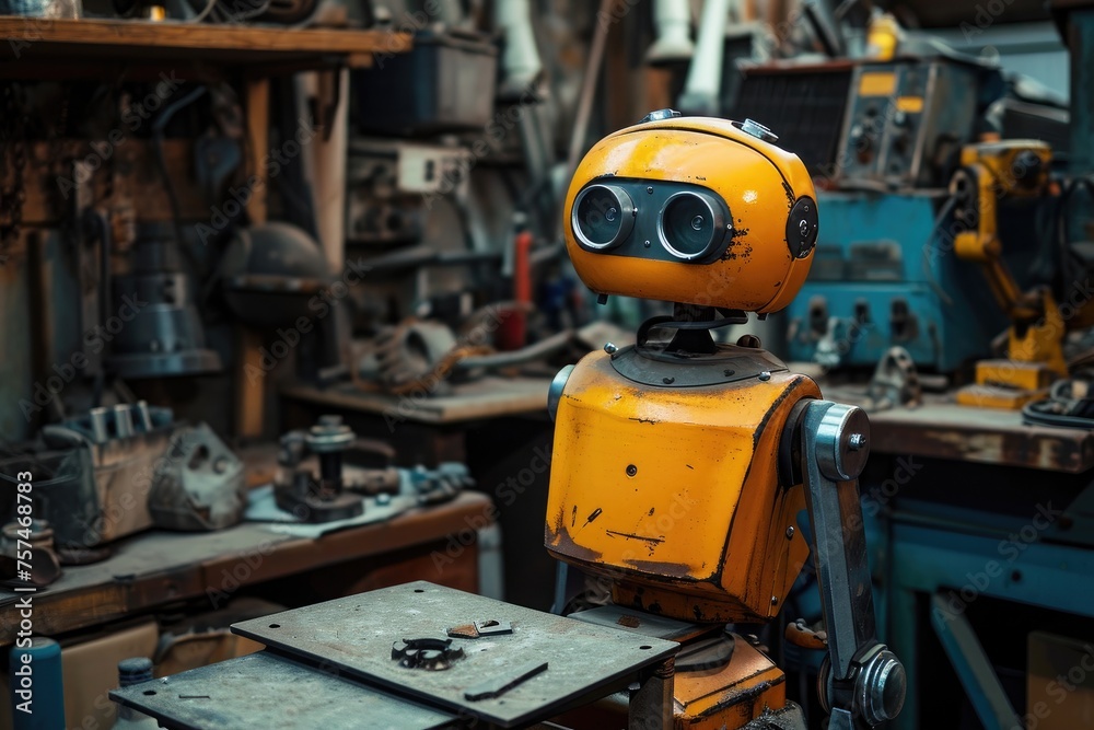 A yellow robot sits atop a wooden table, showcasing its vibrant color against the rustic background, A robot undergoing repairs in a mechanic's workshop, AI Generated