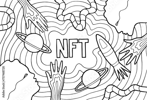 NFT Non fungible Token concept line art, NFT futuristic sketch