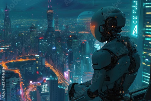 A man stands on a ledge in a futuristic cityscape, surrounded by towering skyscrapers and advanced technology, A robot watching over a sleeping city, AI Generated