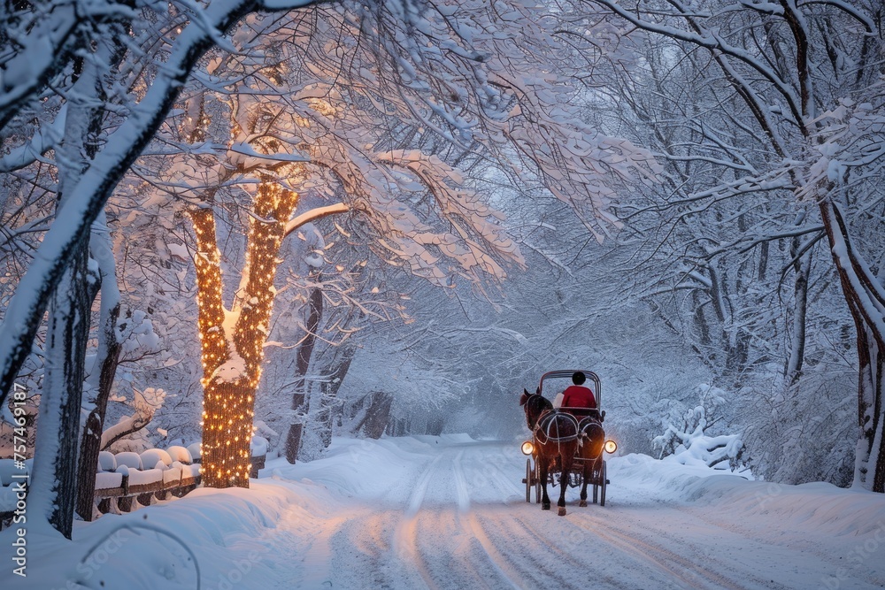 A horse drawn carriage makes its way down a road covered in snow, A ...