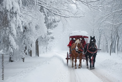 A horse drawn carriage pulls passengers along a snow covered road, A romantic horse-drawn carriage ride through a winter wonderland, AI Generated