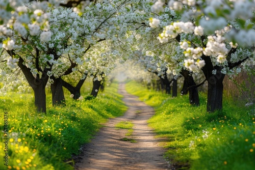 A dirt road winds through a picturesque landscape, lined with towering trees and adorned with white flowers, A romantic pathway under blossoming apple trees, AI Generated photo