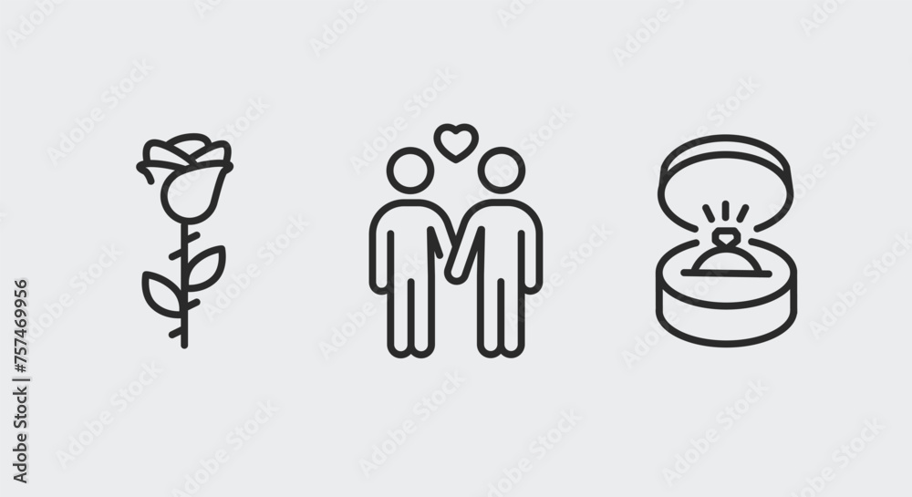 3 black line symbols representing a rose, a couple and an engagement ring for promotional materials, SMM. The outline icons symbolize romantic love, marriage and engagement. Vector Illustration