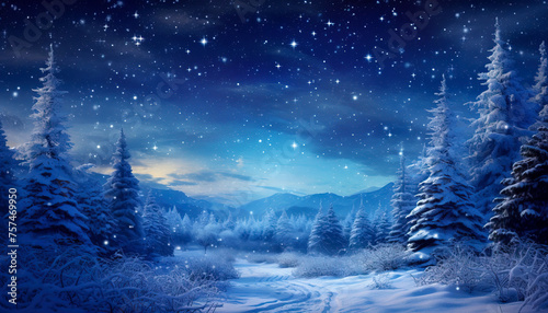 A snowy landscape with a blue sky, stars and trees, peaceful and calming