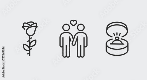 3 black line symbols representing a rose, a couple and an engagement ring for promotional materials, SMM. The outline icons symbolize romantic love, marriage and engagement. Vector Illustration