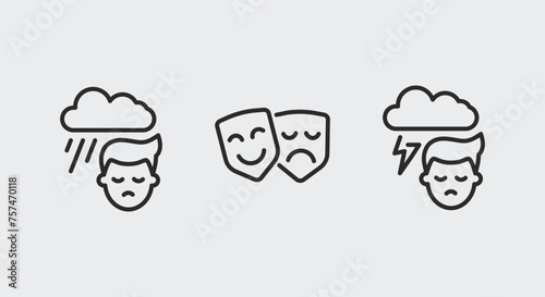 3 black icons representing mental states: smiley and sad face, stormy clouds, and theatre mask. Symbolizes psychological disorders, mental conditions, and emotions. Vector illustration of 