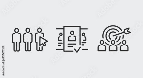 3 black line icons on white background for recruitment and career. Shows choosing new employee among candidates. For promotional materials and SMM. Vector Illustration.