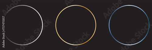 Round shiny frames with glowing effects. Set of three gold round frames with shadows on black background. Vector illustration