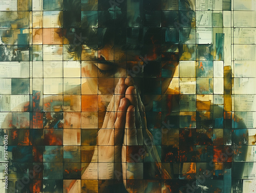 Illustration sous forme de digital painting en quadrillage montrant un homme sous le choc, pleurant dans ses mains et cachant son visage photo