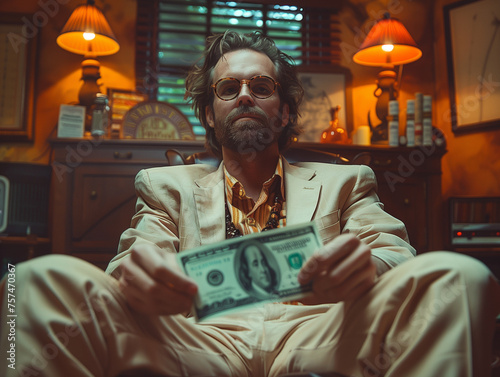Un homme en costume rétro tend un billet de banque, narcotrafiquant,  gangster ou gentleman cambrioleur des années 70 photo