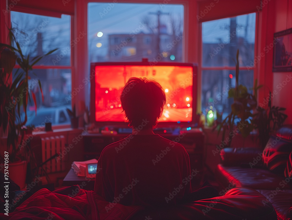 Silhouette d'un homme regardant la télé dans son appartement la nuit, paysage urbain, homme jeune ou étudiant