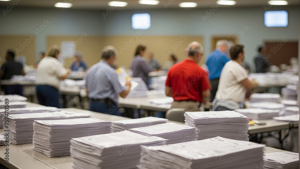 Blurred background, stacks of voting forms, counting votes in elections, falsification. - obrazy, fototapety, plakaty 