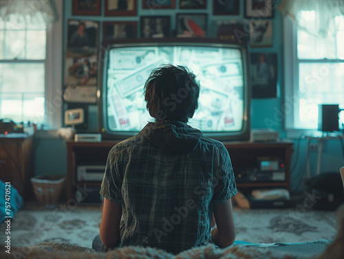 Une silhouette d'un homme de 20 ans regarde la télévision dans son salon, des billets sur l'écran de télé : finances personnelles, gestion de son argent, épargne et stratégie d'investissement photo