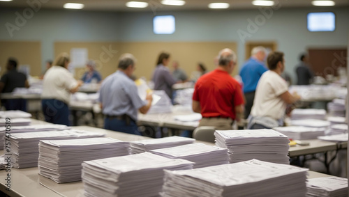 Blurred background, stacks of voting forms, counting votes in elections, falsification. photo