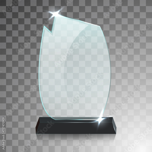 Glass winner trophies. Glass Trophy Awards. First place award, crystal prize and signed acrylic trophies. Glass award trophy or winner prize realistic vector illustration. Transparent crystal plate or