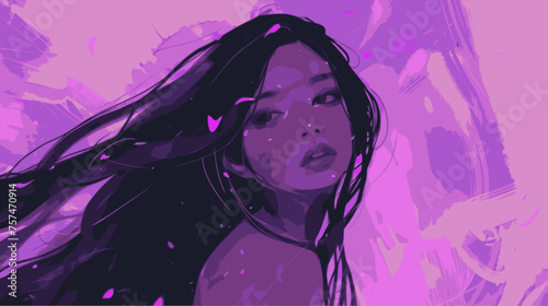 Woman long hair, full body. Lofi, purple, pink