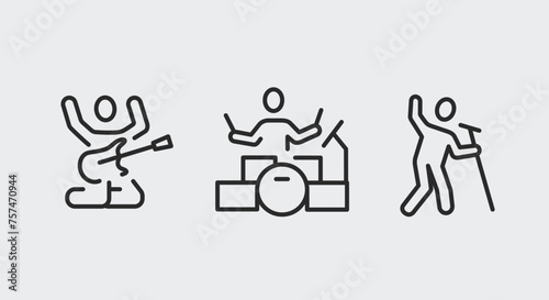 Black line icons of a band on a white background. Ideal for web  mobile  promotions  and social media. Events  rock  and bands. Vector illustration