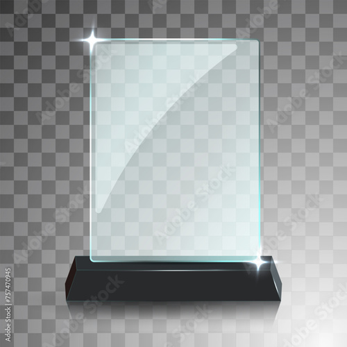 Glass winner trophies. Glass Trophy Awards. First place award, crystal prize and signed acrylic trophies. Glass award trophy or winner prize realistic vector illustration. Transparent crystal plate or