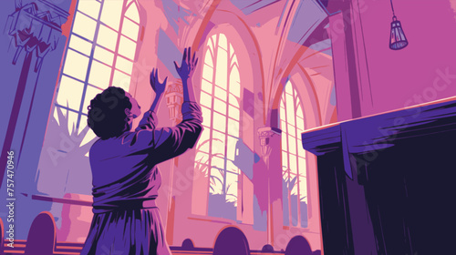 Woman raising hands in church. Lofi, purple, pink