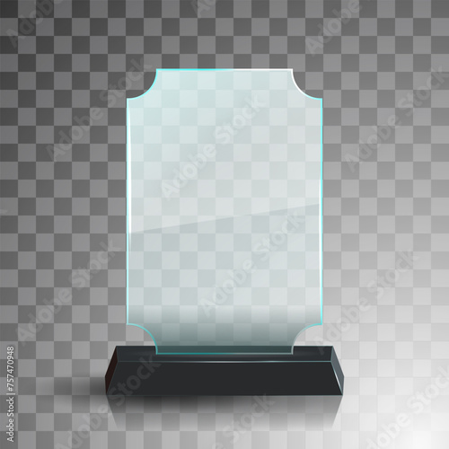 Glass winner trophies. Glass Trophy Awards. First place award, crystal prize and signed acrylic trophies. Glass award trophy or winner prize realistic vector illustration. Transparent crystal plate or