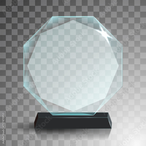 Glass winner trophies. Glass Trophy Awards. First place award, crystal prize and signed acrylic trophies. Glass award trophy or winner prize realistic vector illustration. Transparent crystal plate or