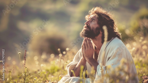 Ein Mann der wie Jesus aussieht sitzt in einer Wiese und betet zu Gott photo