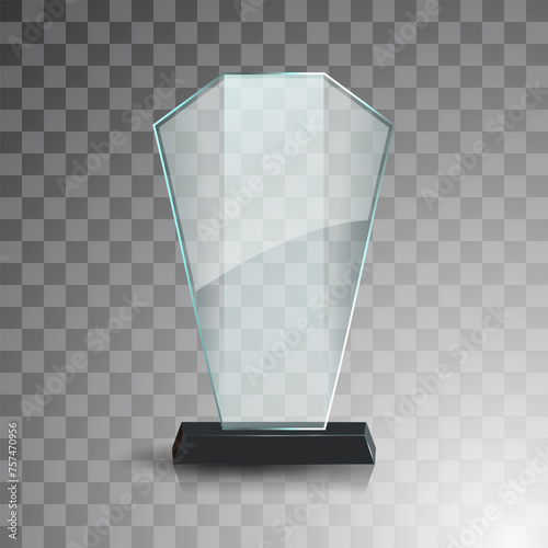 Glass winner trophies. Glass Trophy Awards. First place award, crystal prize and signed acrylic trophies. Glass award trophy or winner prize realistic vector illustration. Transparent crystal plate or