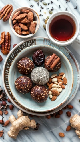 A selection of homemade energy balls with almonds, pecans, cinnamon, and tea on a patterned ceramic plate.