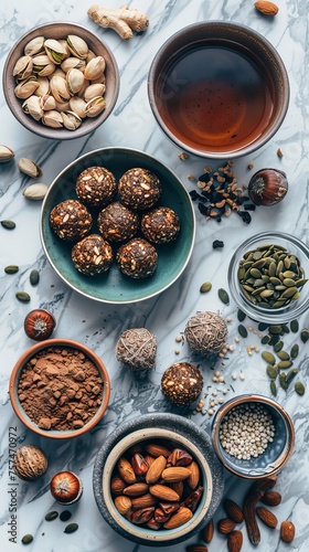 Overhead shot of diverse superfoods including nuts, seeds, energy balls, and tea on a marble background.