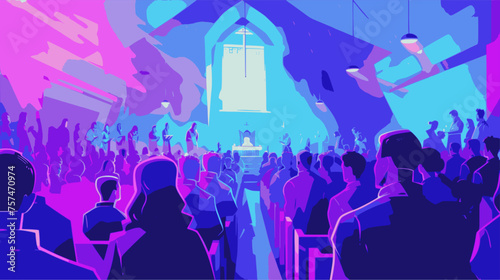 Christian worshippers in church. Lofi, blue, purple, pink