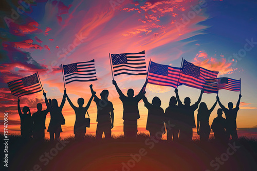 Silhouettes of people holding the Flag of USA. America celebrate 4th of July