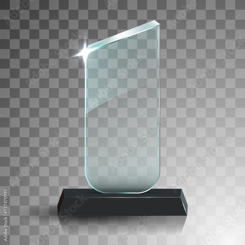 Glass winner trophies. Glass Trophy Awards. First place award, crystal prize and signed acrylic trophies. Glass award trophy or winner prize realistic vector illustration. Transparent crystal plate or