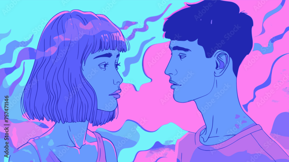 Woman and man. Lofi, blue, purple, pink
