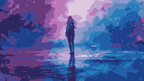 Woman long hair standing up, full body. Lofi, blue, purple, pink