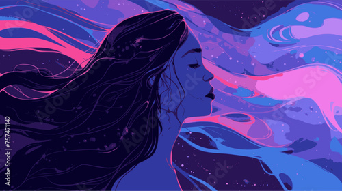 Woman long hair. Lofi, blue, purple, pink