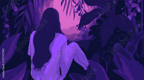 Woman long hair sitting down, full body. Lofi, purple