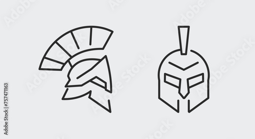 2 black line icons representing a warrior helmet on a white background for web, mobile, promotional materials, SMM. The two icons relate to ancient warrior's armor. Vector illustration.