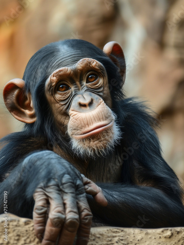 Ein Schimpanse sitzt vor einem Baumstamm und schaut in die Ferne fotografiert als Portraitaufnahme © pegasus24.com