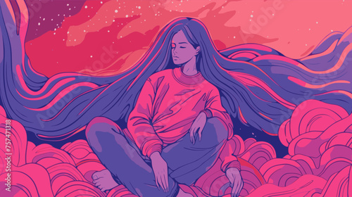 Woman long hair sitting down, full body. Lofi, red, purple, pink