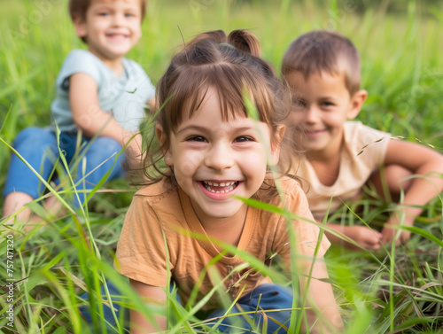 Drei Kinder auf einer Wiese sind glücklich ein Mädchen im Fokus lacht direkt in die Kamera
