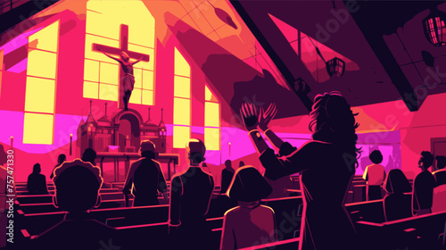 Woman raising hands in church. Lofi, red, purple, pink
