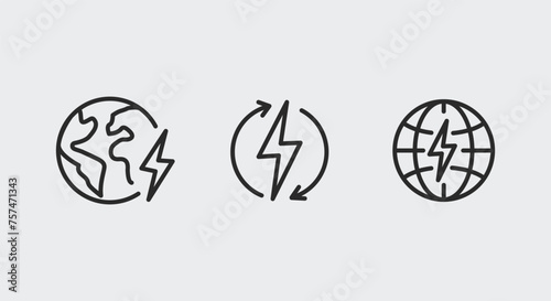 3 icons of lightning and planet on a white background. They represent renewable energy and sustainability. Ideal for web and mobile use as vector illustrations.