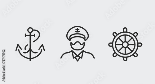 3 black line icons- anchor, captain's hat, and ship wheel. Ideal for boat transportation and sea travel. Vector illustrations for promotion and social media.Boat Captain Icons. Vector illustration