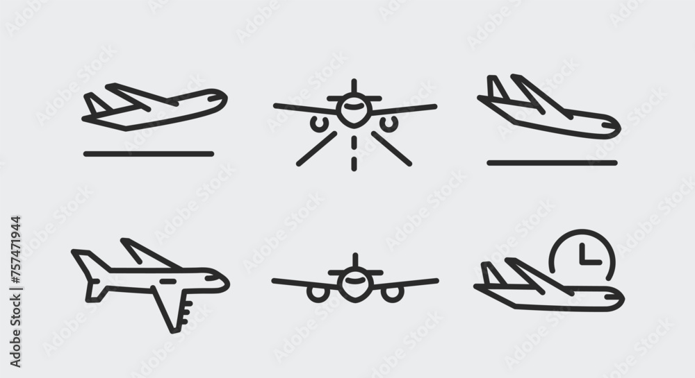 6 black line icons for airplane and flight elements. Ideal for promoting airline travel and transportation on social media. Includes departure, landing, and in-flight airplane. Vector illustration