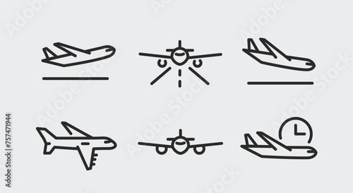 6 black line icons for airplane and flight elements. Ideal for promoting airline travel and transportation on social media. Includes departure  landing  and in-flight airplane. Vector illustration