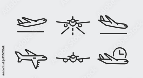6 black line icons for airplane and flight elements. Ideal for promoting airline travel and transportation on social media. Includes departure, landing, and in-flight airplane. Vector illustration