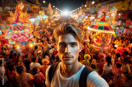 a man Selfie at a lively night festival with colorful lights and crowds.
