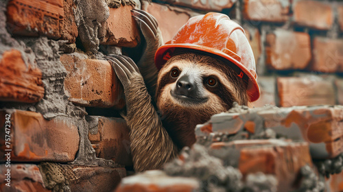 a sloth in a hard hat is laying a brick wall